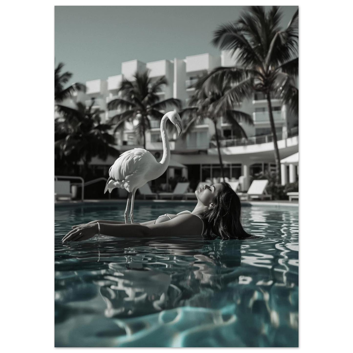 Närbild av flamingo i poolmiljö med turkosa reflektioner, tropiskt motiv