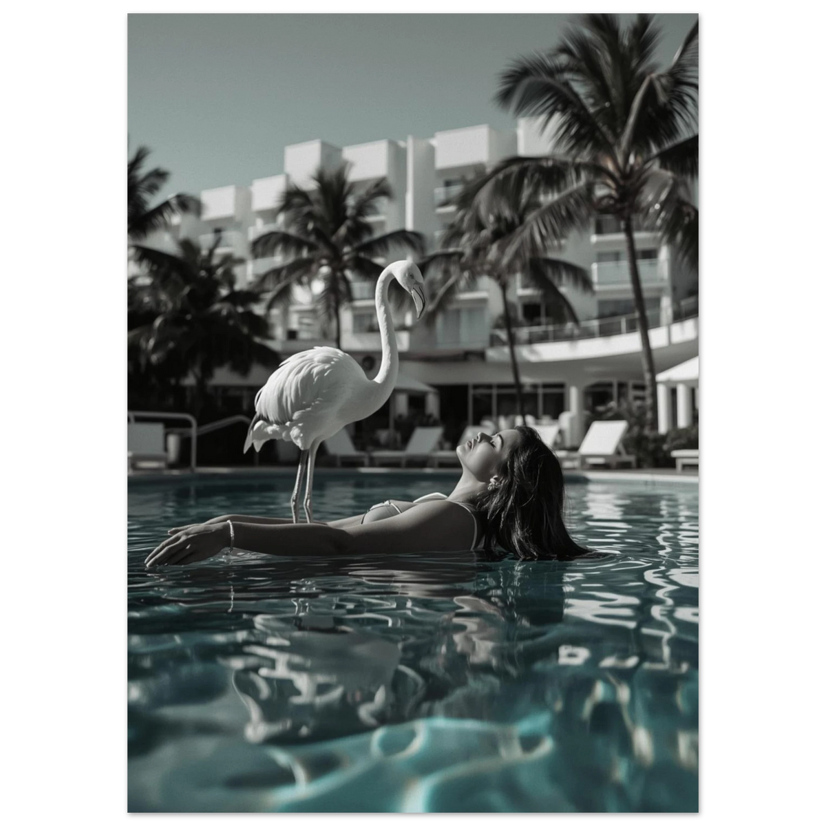 Närbild av flamingo i poolmiljö med turkosa reflektioner, tropiskt motiv