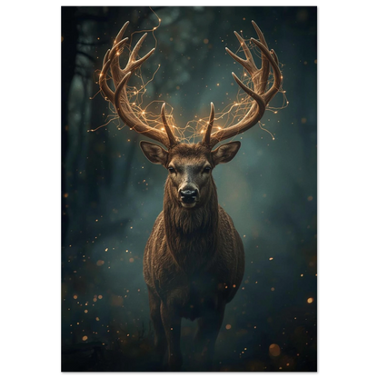 Majestätisk hjort med lysande horn i mörk skog – magisk djurposter