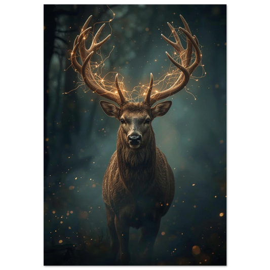 Majestätisk hjort med lysande horn i mörk skog – magisk djurposter