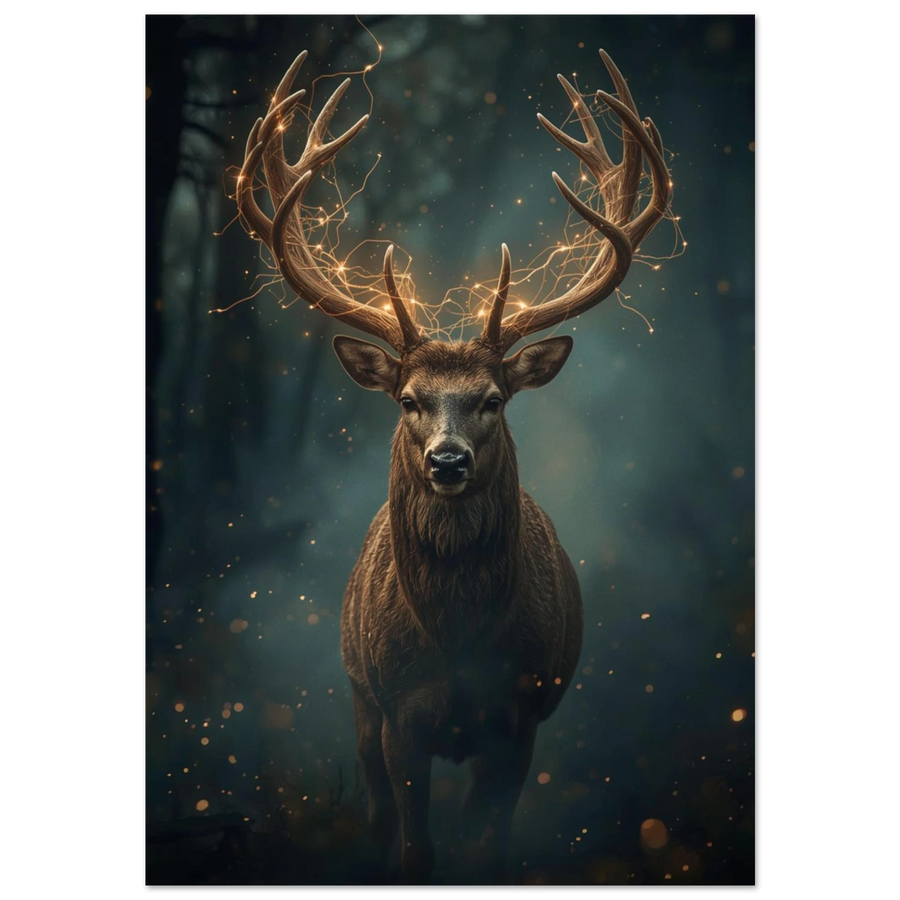 Majestätisk hjort med lysande horn i mörk skog – magisk djurposter