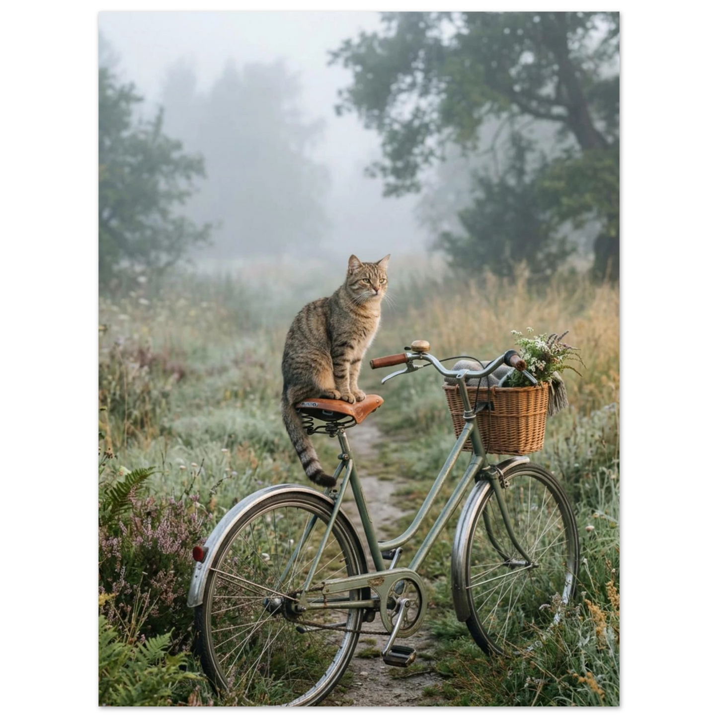 Idyllisk scen med katt på cykel i svensk sommarhage – naturposter
