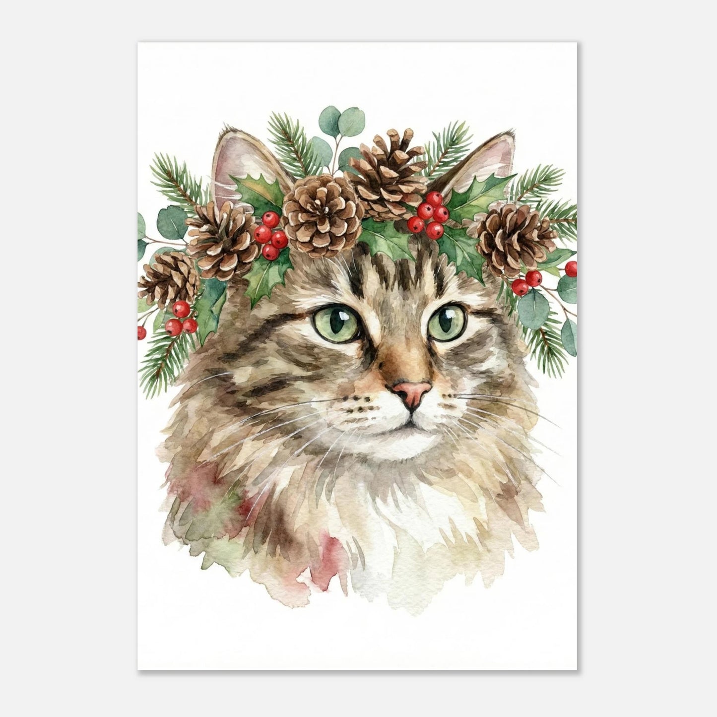 Kattmotiv med julig känsla, illustration med kottar och bär för väggkonst