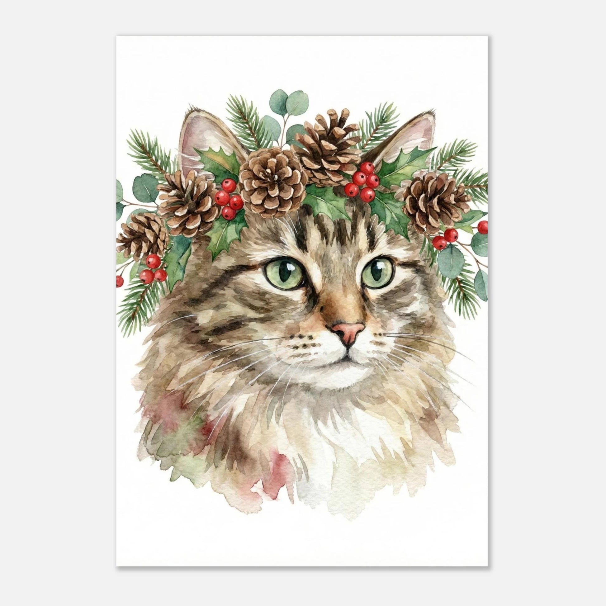Kattmotiv med julig känsla, illustration med kottar och bär för väggkonst