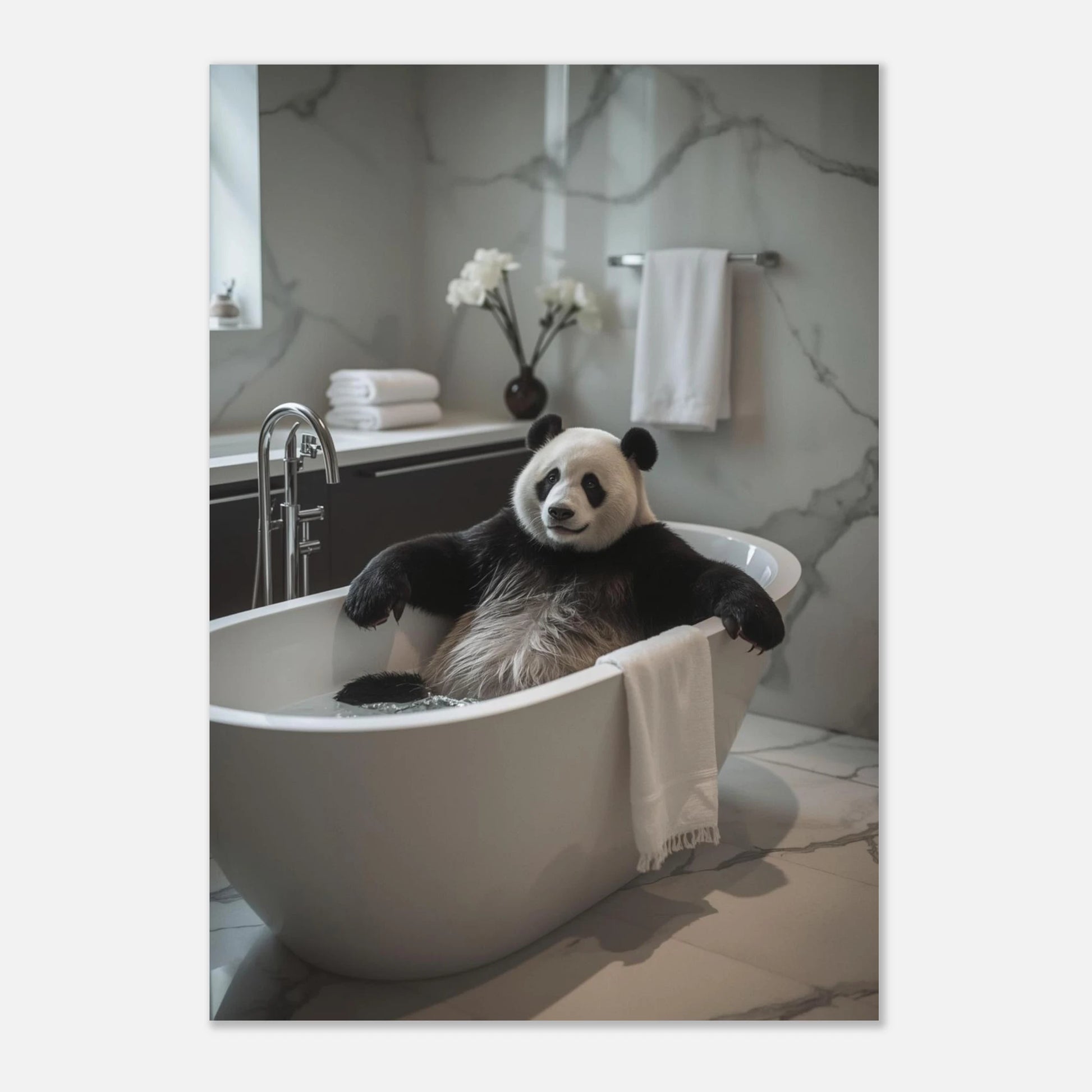 Charmig panda i badkar som sprider lugn stämning, stilren djurposter