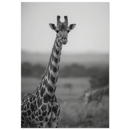 Svartvitt fotoporträtt av en giraff med lång hals på savannen