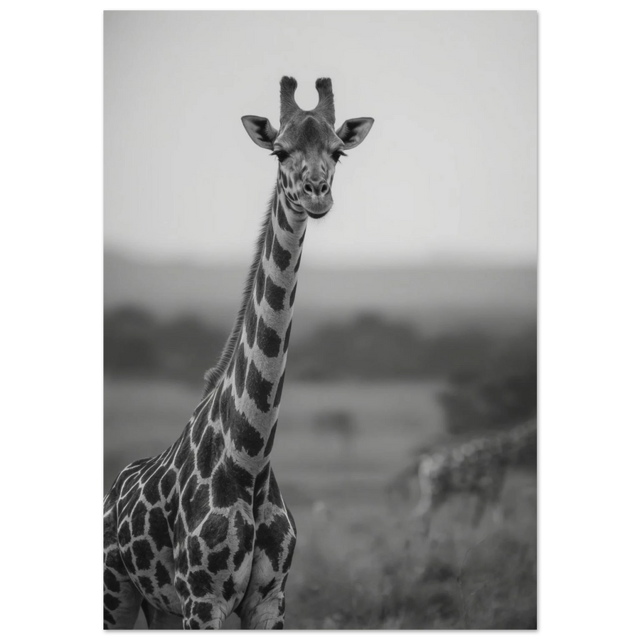 Svartvitt fotoporträtt av en giraff med lång hals på savannen