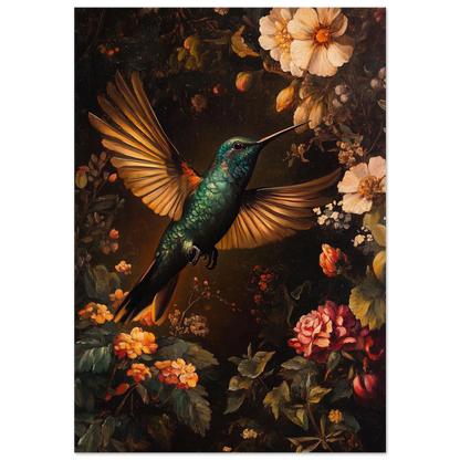 Smaragdgrön kolibri svävar bland vita och rosa blommor, oljemålning