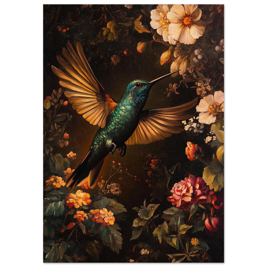 Smaragdgrön kolibri svävar bland vita och rosa blommor, oljemålning