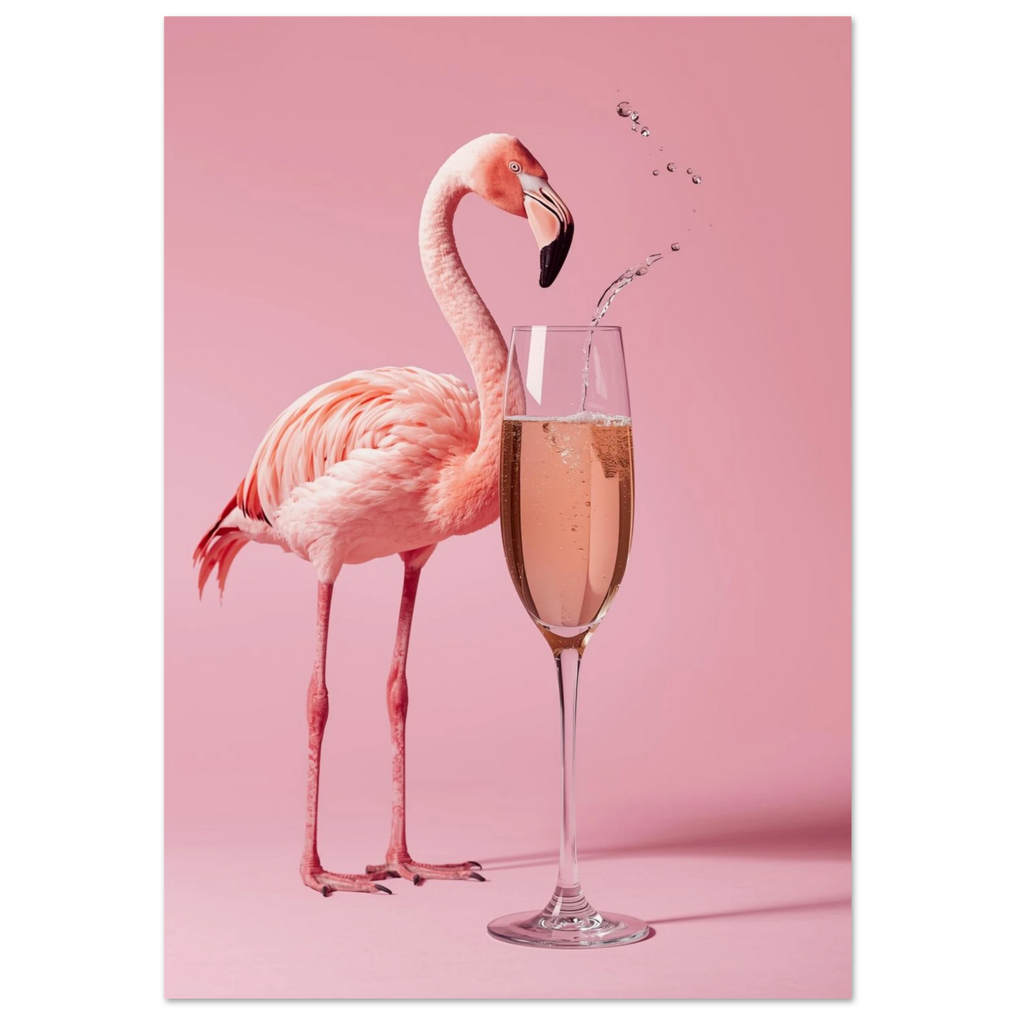 Rosa flamingo vid champagneglas med bubblor mot mörkrosa bakgrund, fotokonst