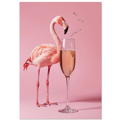 Rosa flamingo vid champagneglas med bubblor mot mörkrosa bakgrund, fotokonst