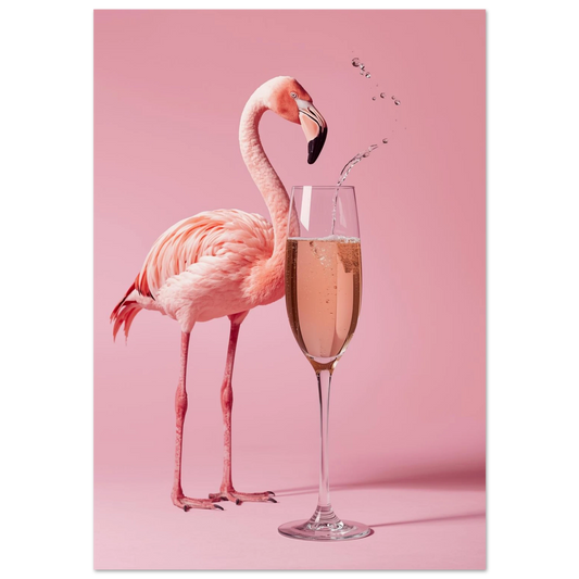 Rosa flamingo vid champagneglas med bubblor mot mörkrosa bakgrund, fotokonst