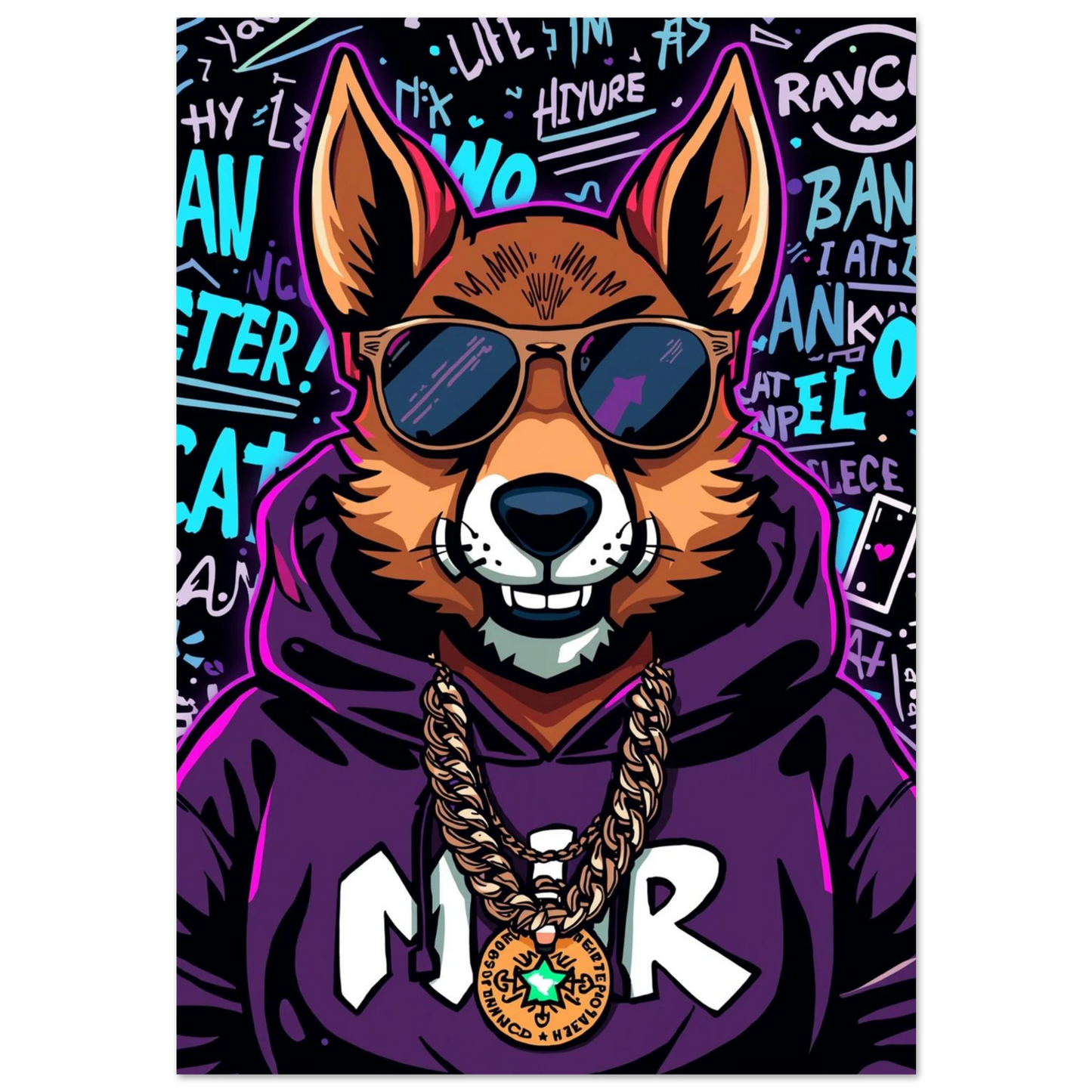 Cool räv i lila hoodie och solglasögon mot graffitibakgrund – urban djurposter
