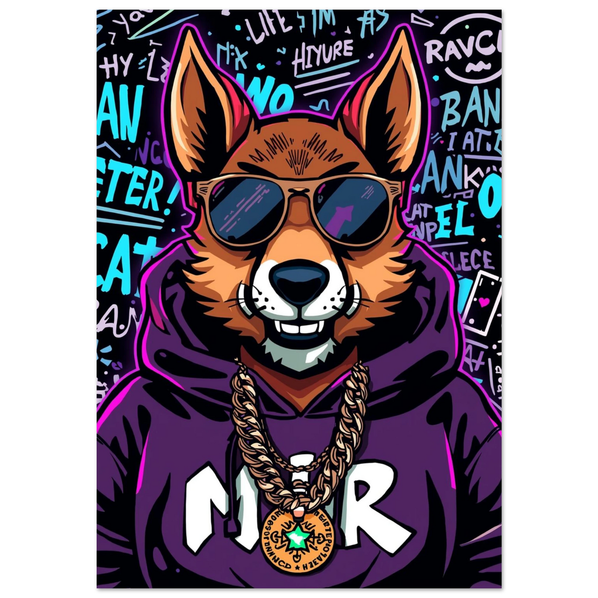 Cool räv i lila hoodie och solglasögon mot graffitibakgrund – urban djurposter