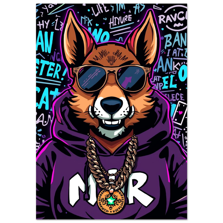 Cool räv i lila hoodie och solglasögon mot graffitibakgrund – urban djurposter