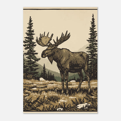 Stiliserad naturposter med älgmotiv i dämpad färgskala och skogsbakgrund