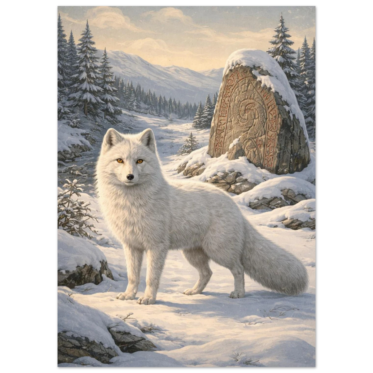Målad bild av fjällräv med orange ögon i ett vinterlandskap med runsten och berg – Målad poster