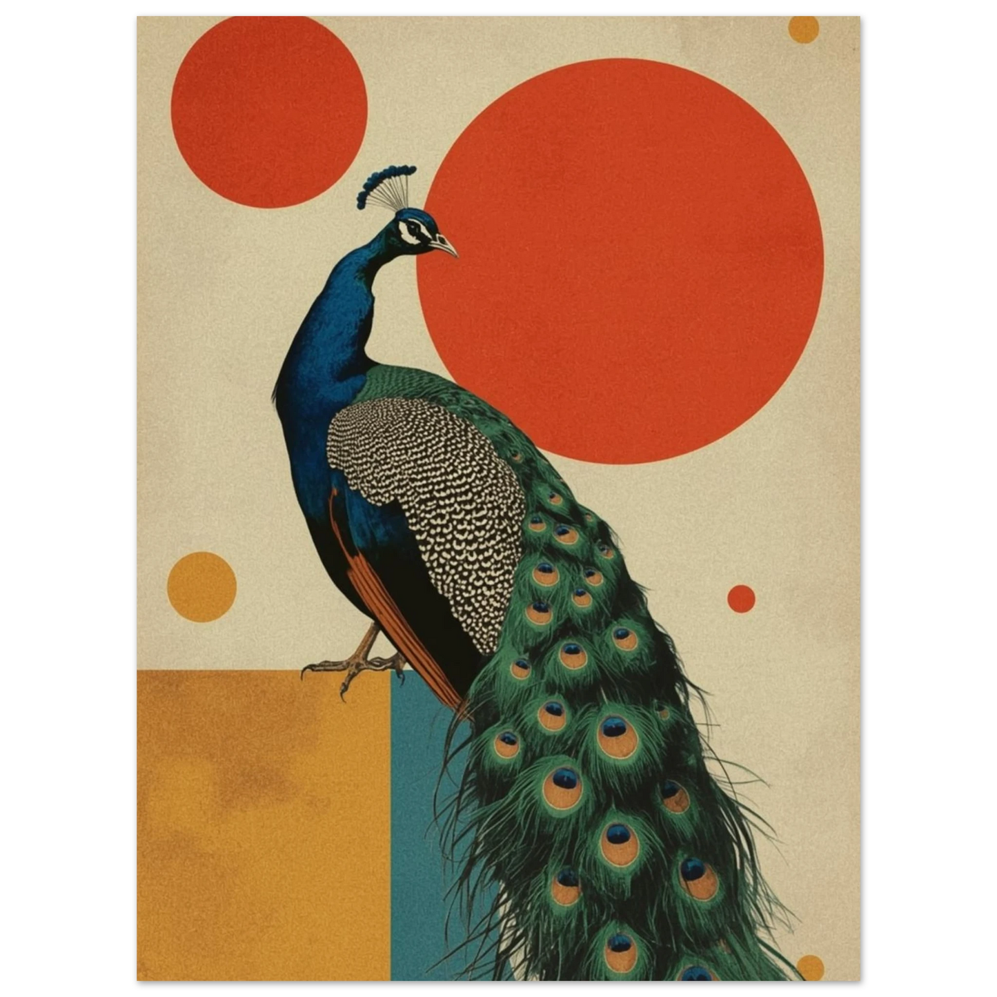 Stolt påfågel i profil med art deco-inspirerad bakgrund – Retro poster