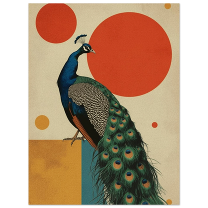 Stolt påfågel i profil med art deco-inspirerad bakgrund – Retro poster