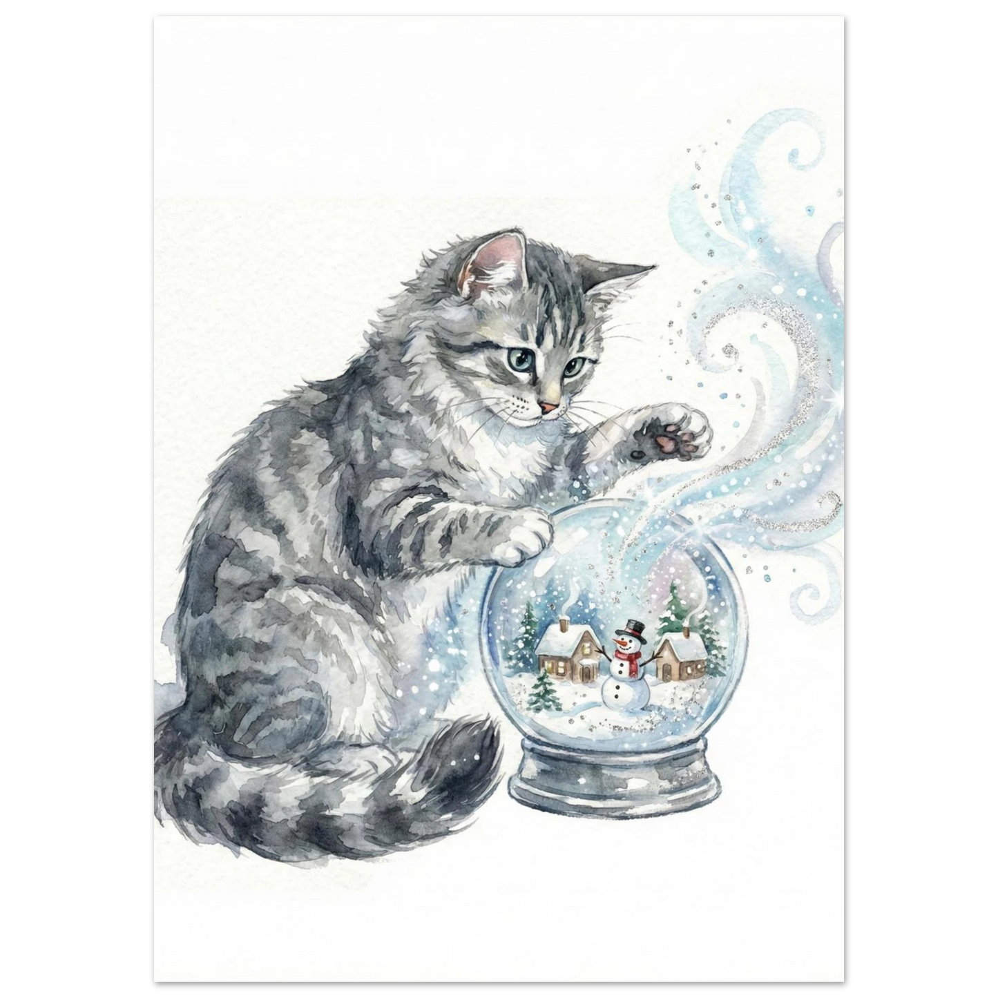 Söt grå katt vid en glittrande snöglob med snögubbe, konstnärlig djurposter