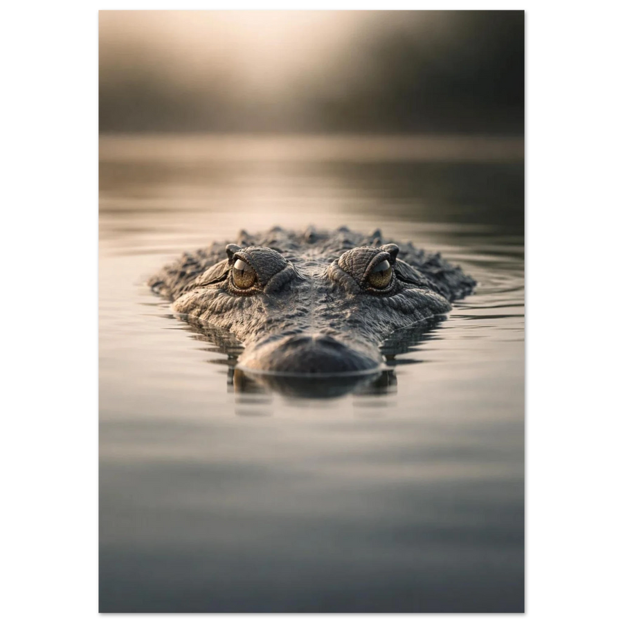 Krokodil som bryter vattenytan i dimmigt ljus – Fotorealistisk poster