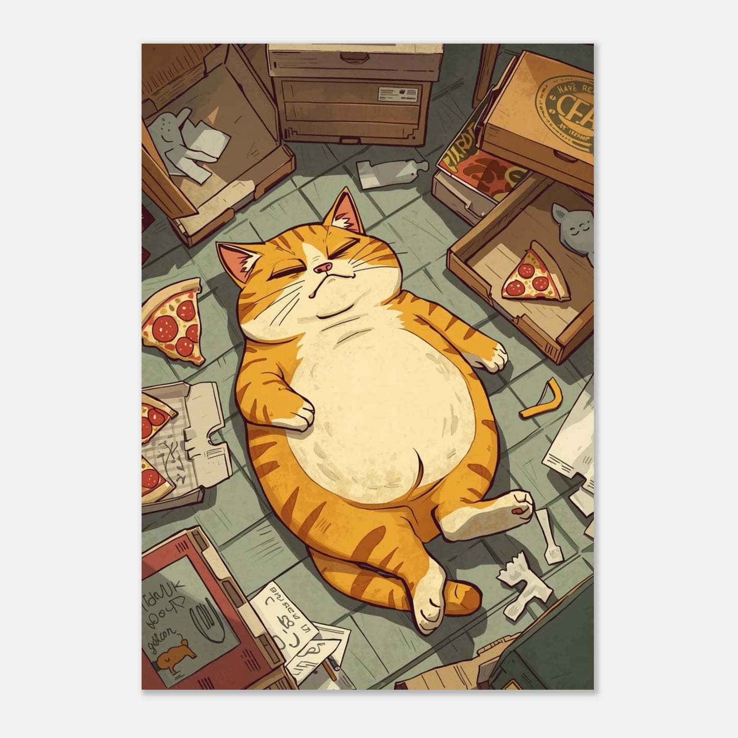 Charmig poster med mätt katt i varm belysning på ljus bakgrund