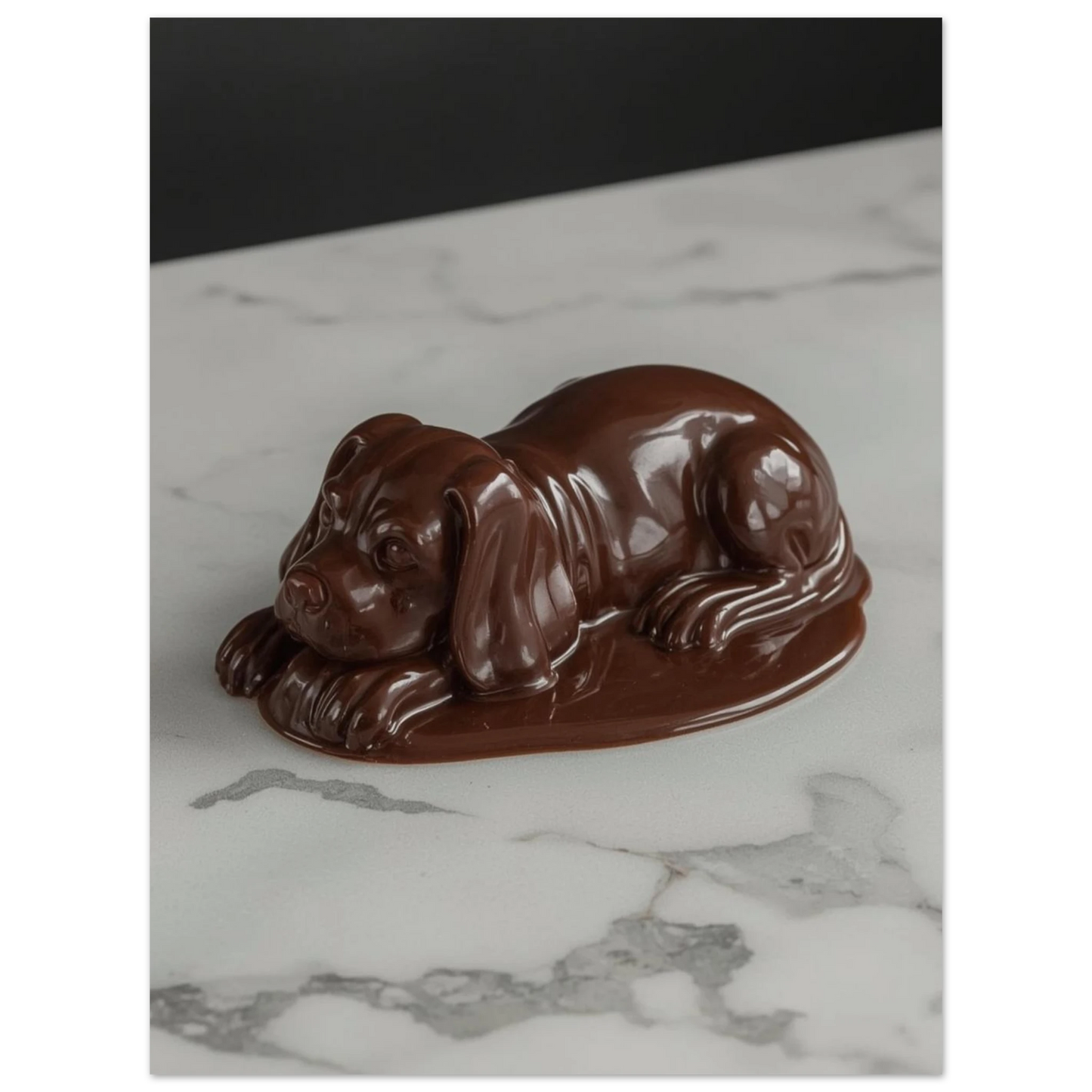 Detaljrik hundposter föreställande en brun chokladskulptur med flytande bas
