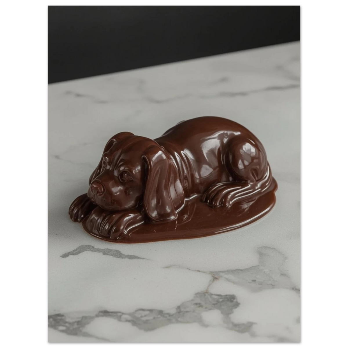 Detaljrik hundposter föreställande en brun chokladskulptur med flytande bas
