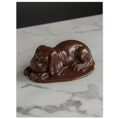 Detaljrik hundposter föreställande en brun chokladskulptur med flytande bas