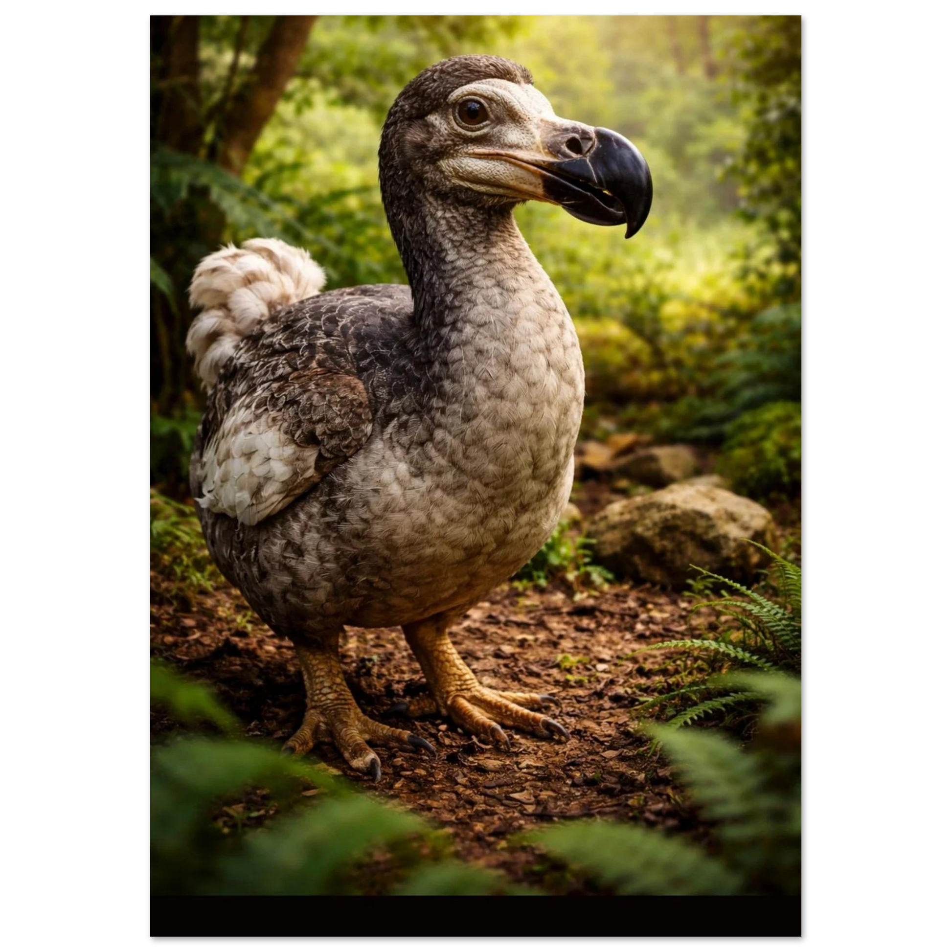 Dront ståendes i skogen, något annan vinkel, ljuset silas genom lövverk – Fotorealistisk poster