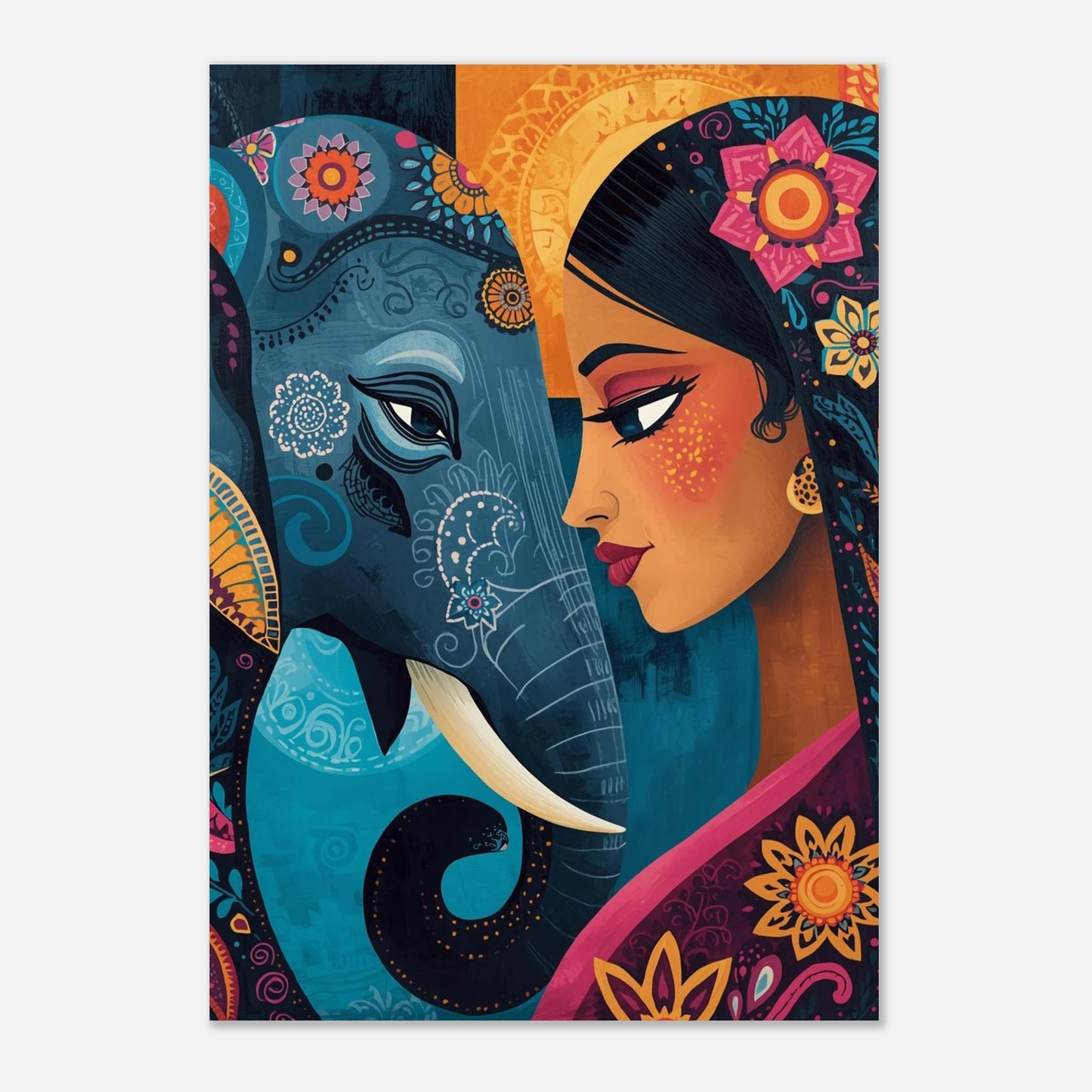 Konstnärlig poster med elefantmotiv och kvinna i traditionell indisk stil