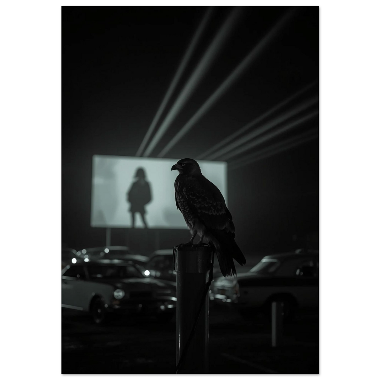 Hök på stolpe vid drive-in bio, mörkgrön tonad fotokonst