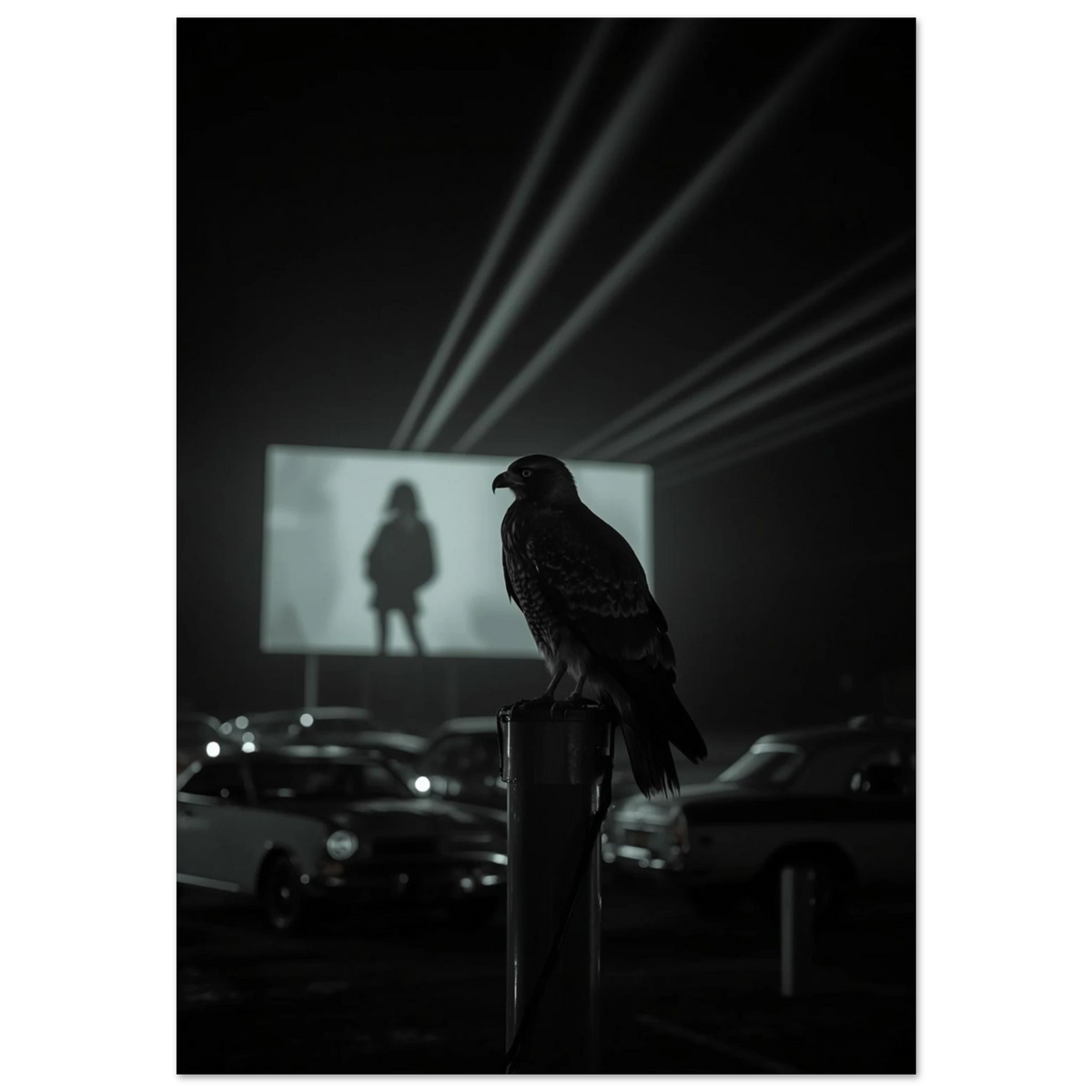 Hök på stolpe vid drive-in bio, mörkgrön tonad fotokonst