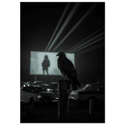 Hök på stolpe vid drive-in bio, mörkgrön tonad fotokonst