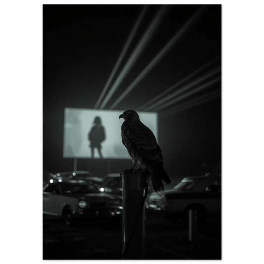 Hök på stolpe vid drive-in bio, mörkgrön tonad fotokonst