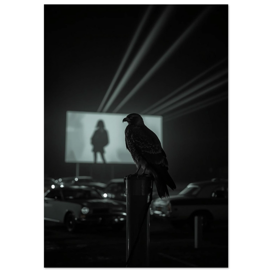 Hök på stolpe vid drive-in bio, mörkgrön tonad fotokonst