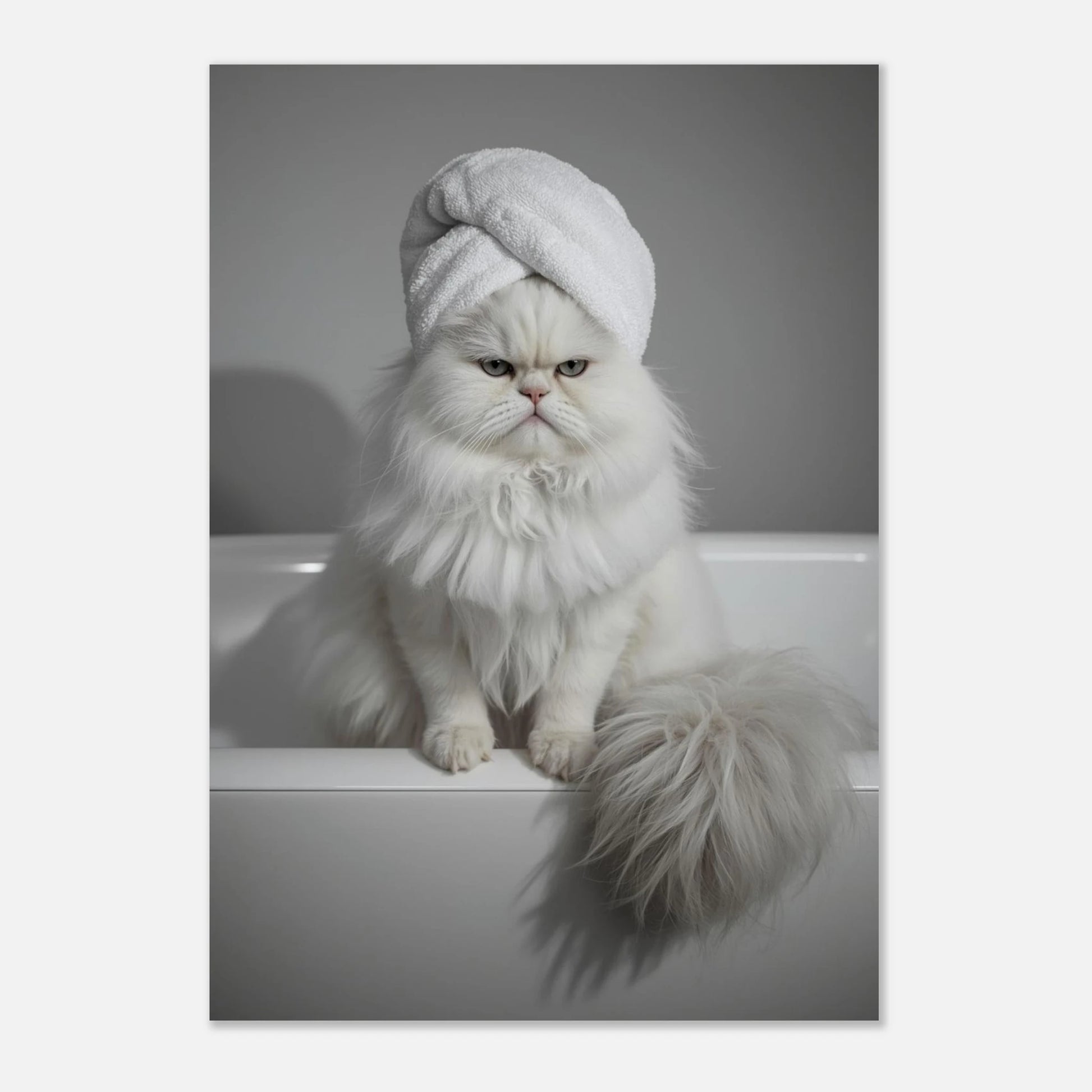 Elegant men tjurig vit katt i badrummet – rolig djurposter