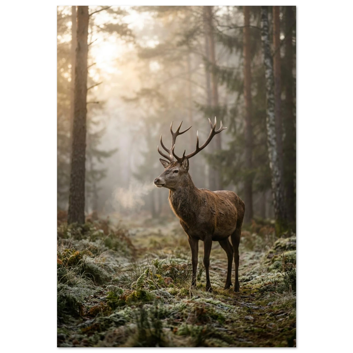 Ståtlig kronhjort i dimmig morgonskog med frostig markvegetation