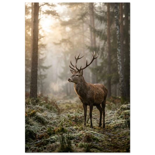Ståtlig kronhjort i dimmig morgonskog med frostig markvegetation