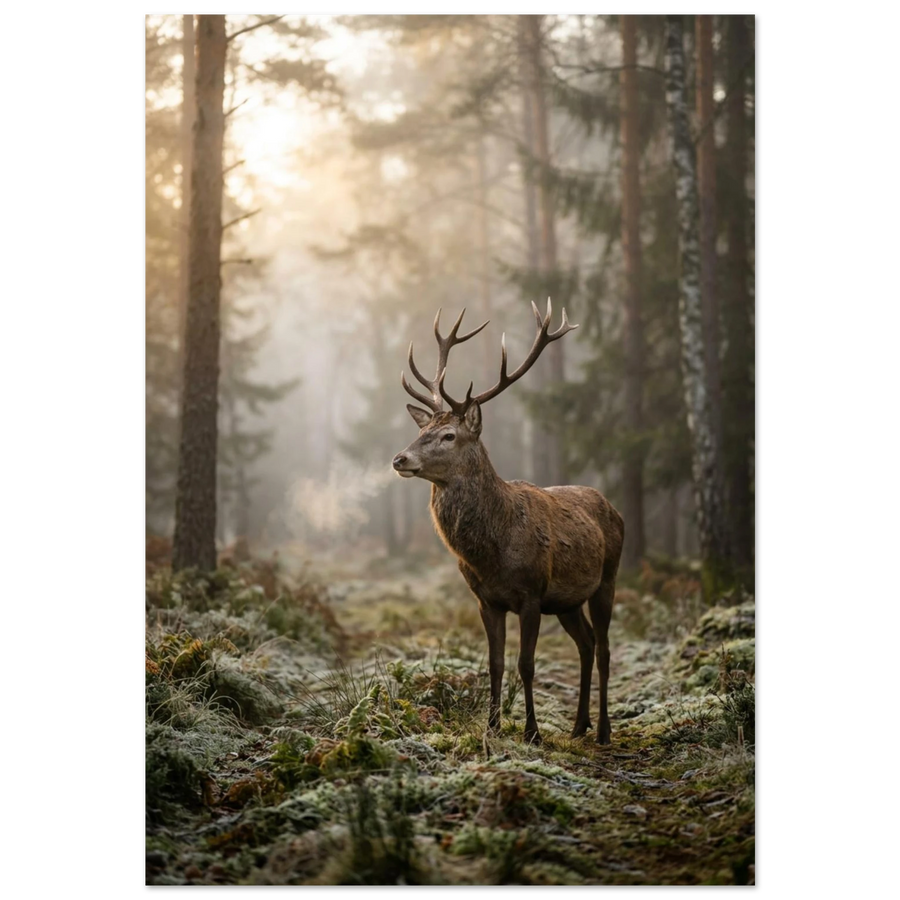Ståtlig kronhjort i dimmig morgonskog med frostig markvegetation