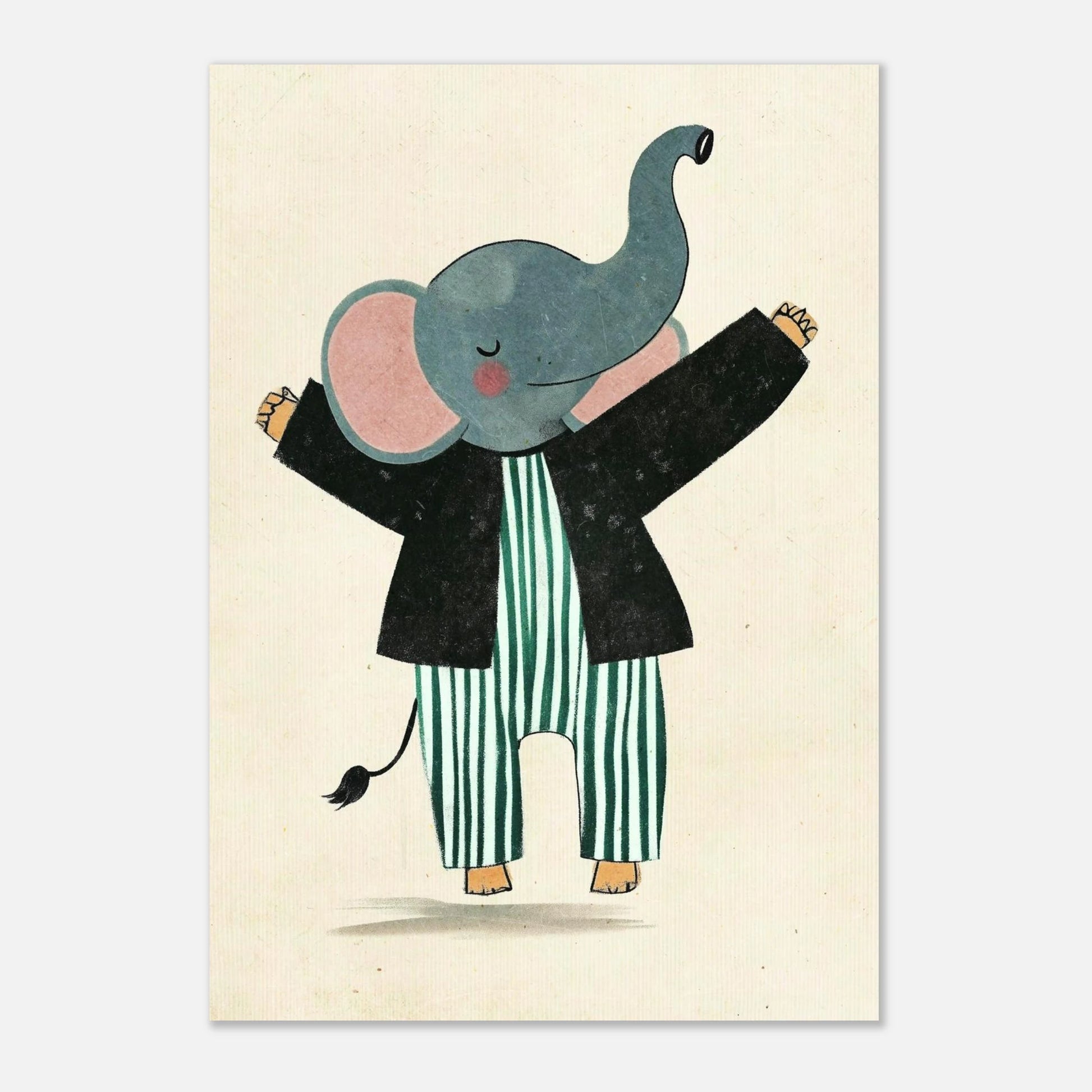 Barnposter föreställande en lycklig elefant i svart kavaj och ränder