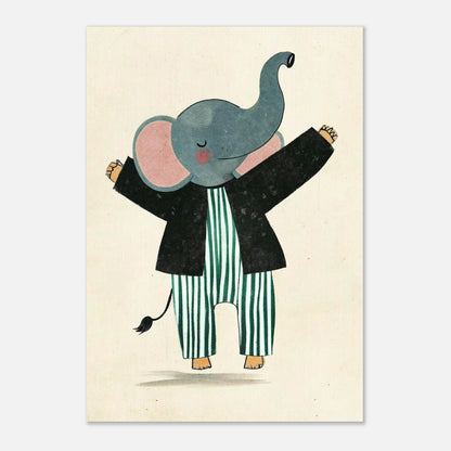 Barnposter föreställande en lycklig elefant i svart kavaj och ränder
