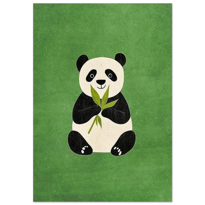 Sittande panda med bambublad mot en texturerad mörkgrön bakgrund
