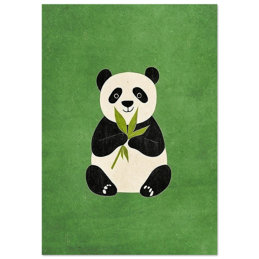 Sittande panda med bambublad mot en texturerad mörkgrön bakgrund