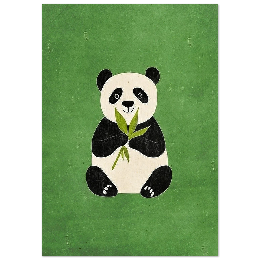 Sittande panda med bambublad mot en texturerad mörkgrön bakgrund
