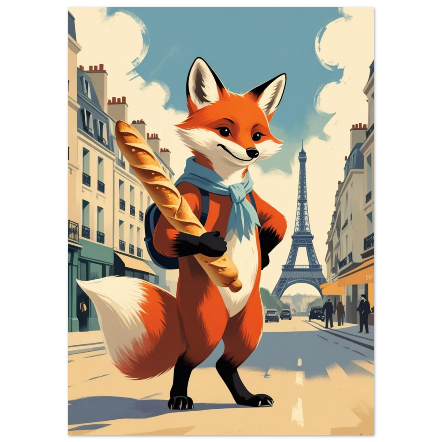 Illustration av räv framför Eiffeltornet i vintage fransk stil