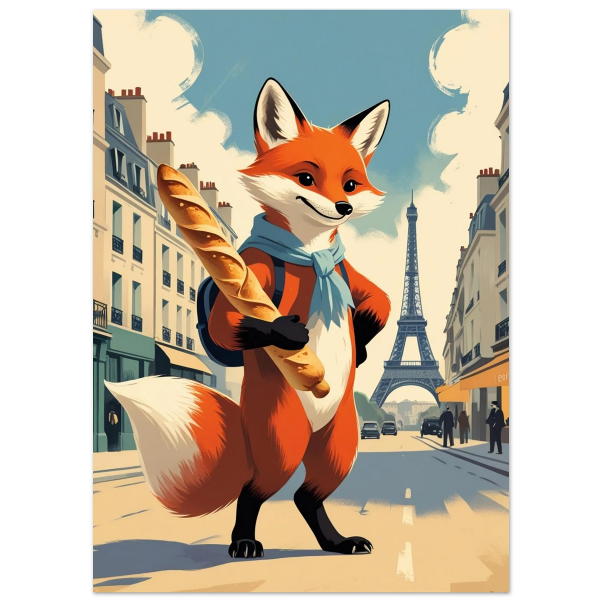 Illustration av räv framför Eiffeltornet i vintage fransk stil