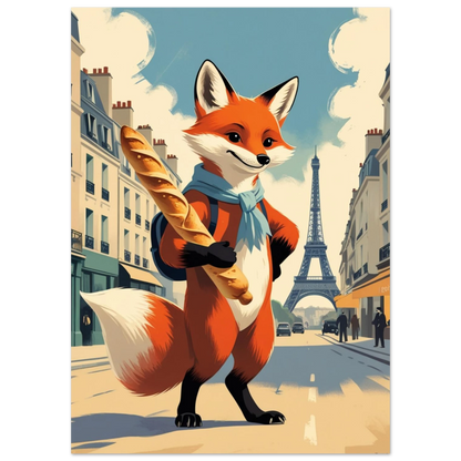 Illustration av räv framför Eiffeltornet i vintage fransk stil