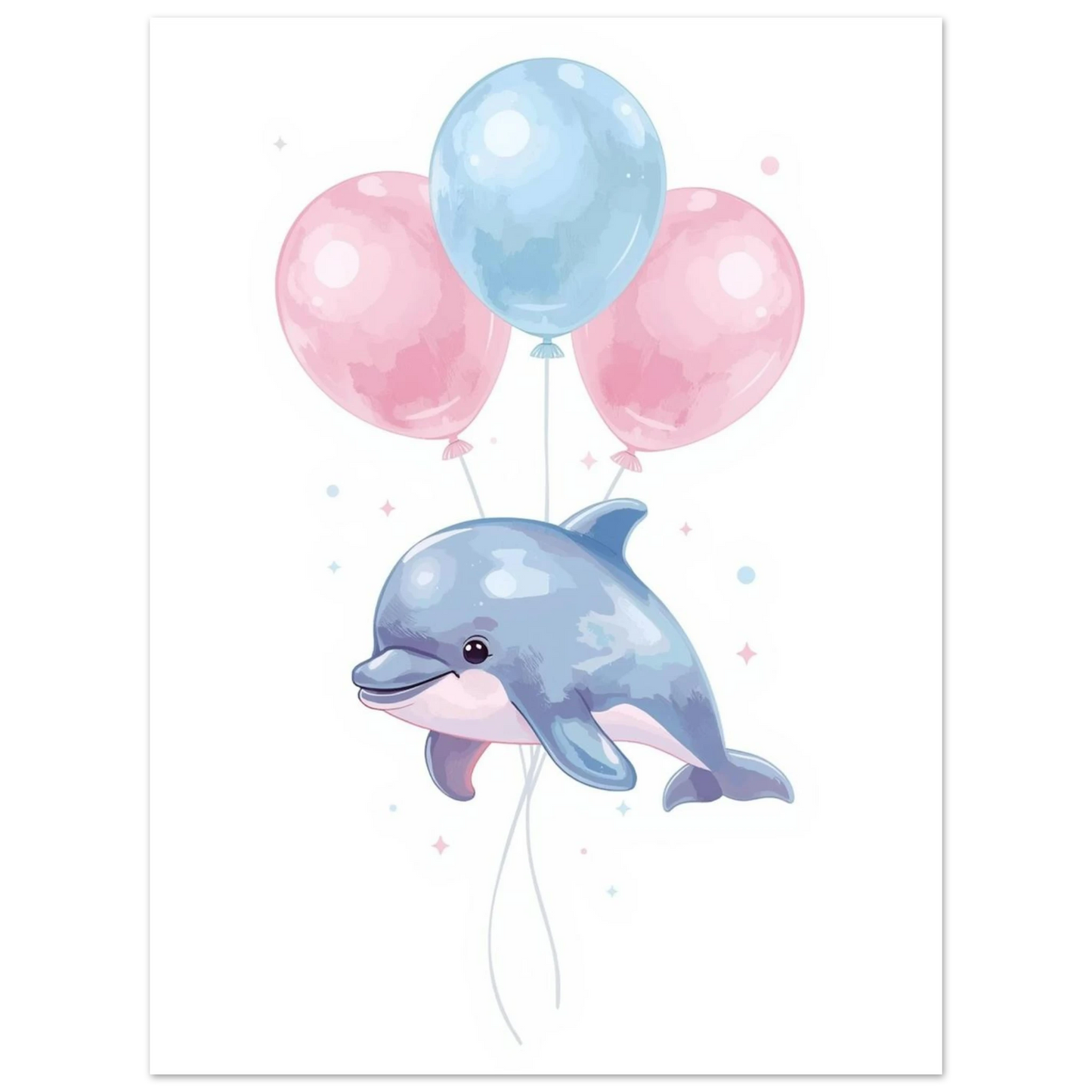 Söt flygande delfin med tre ballonger, lekfullt djurmotiv till barnrum