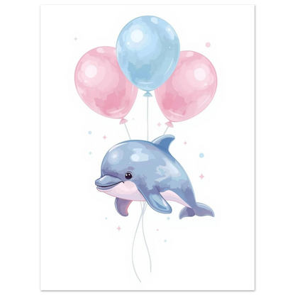 Söt flygande delfin med tre ballonger, lekfullt djurmotiv till barnrum